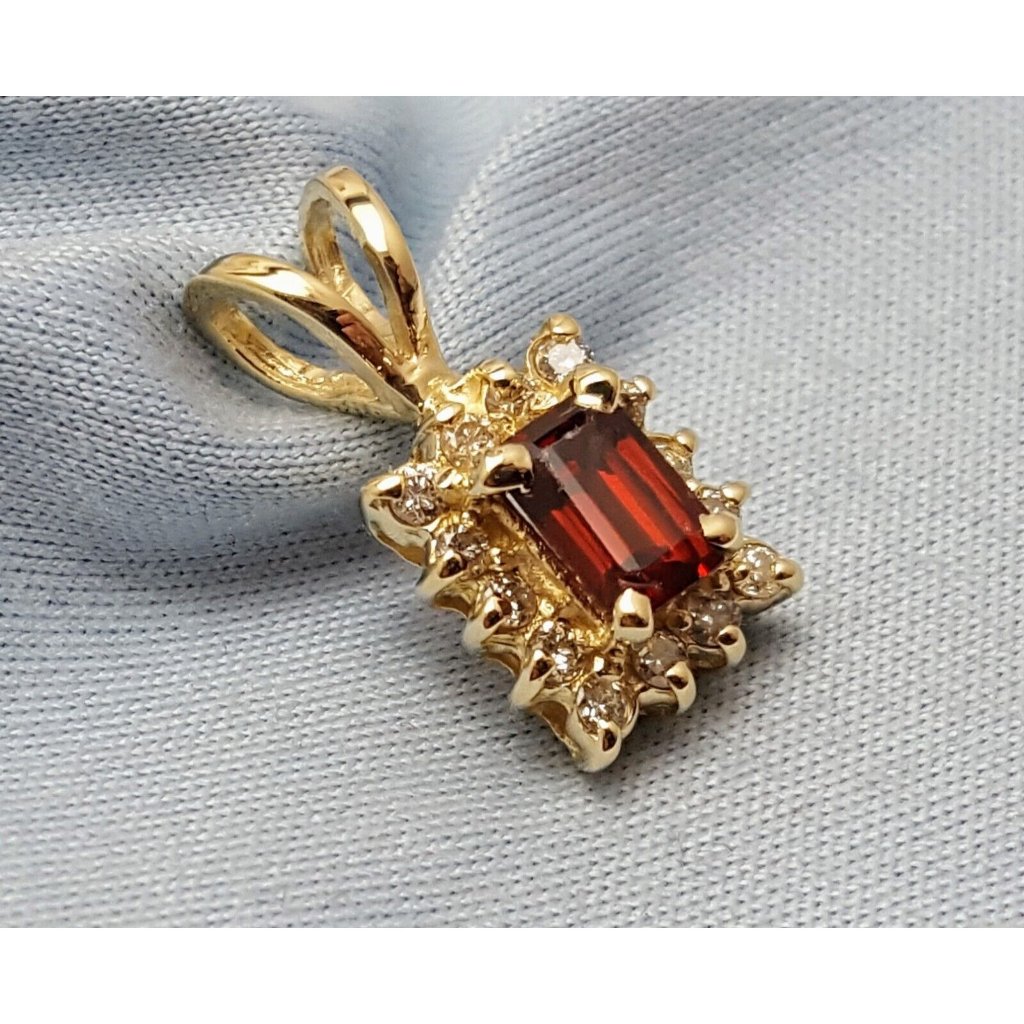 Unique 14k Solid Yellow Gold Designer Square Garnet  Diamond Charm Pendant